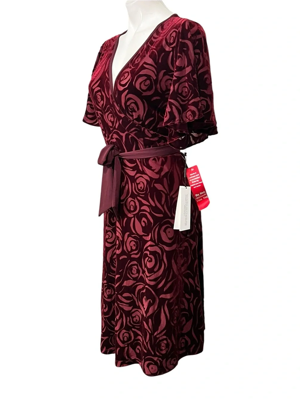 Calvin Klein dress size 8 deep Wine Red Floral Velvet Faux-Wrap tie-waist